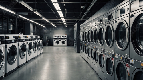 Washing machines and dryers in action, highlighting innovation in laundry technology. photo