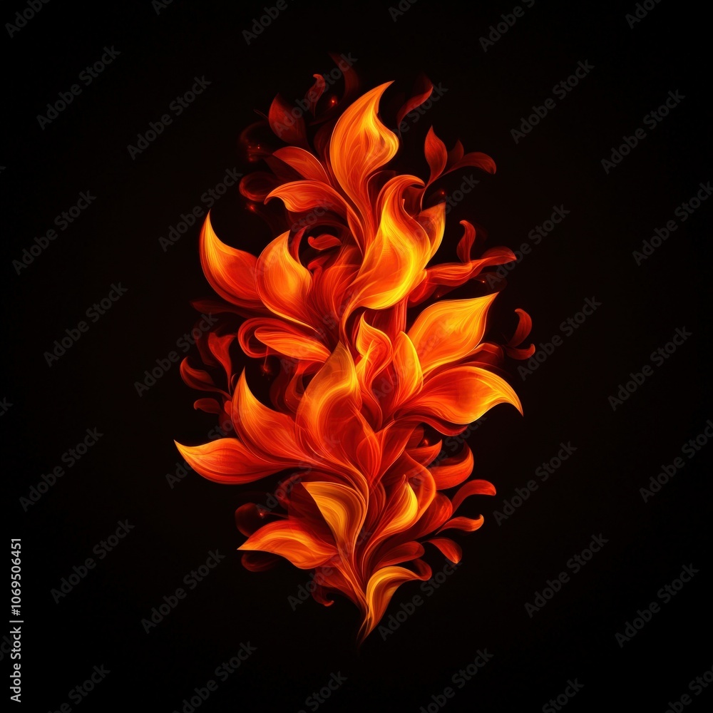 Vibrant flame design with swirling shapes on a black background. Vibrant flame design with swirling shapes on a black background.