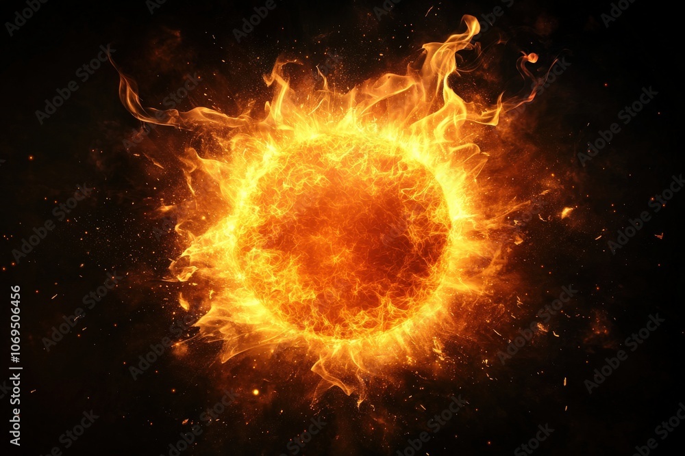 Obraz premium Vibrant depiction of the sun with fiery flames against a dark background.