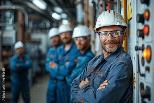 Industrial engineer with team in blue overalls and helmets at electrical panel factory site maintenance construction safety