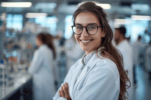 Smiling Female Scientist in White Lab Coat and Glasses Leading Research Team in Modern Laboratory with Test Tubes and Equipment