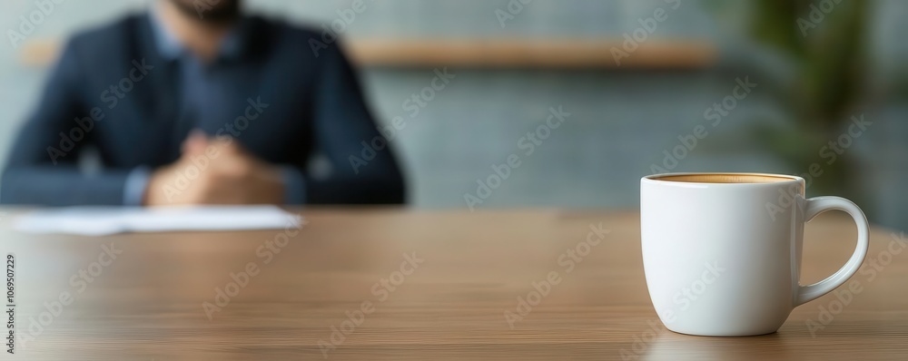 A coffee cup sits on a table, with a person in a suit blurred in the background, suggesting a business meeting or discussion. A coffee cup sits on a table, with a person in a suit blurred in the background, suggesting a business meeting or discussion.
