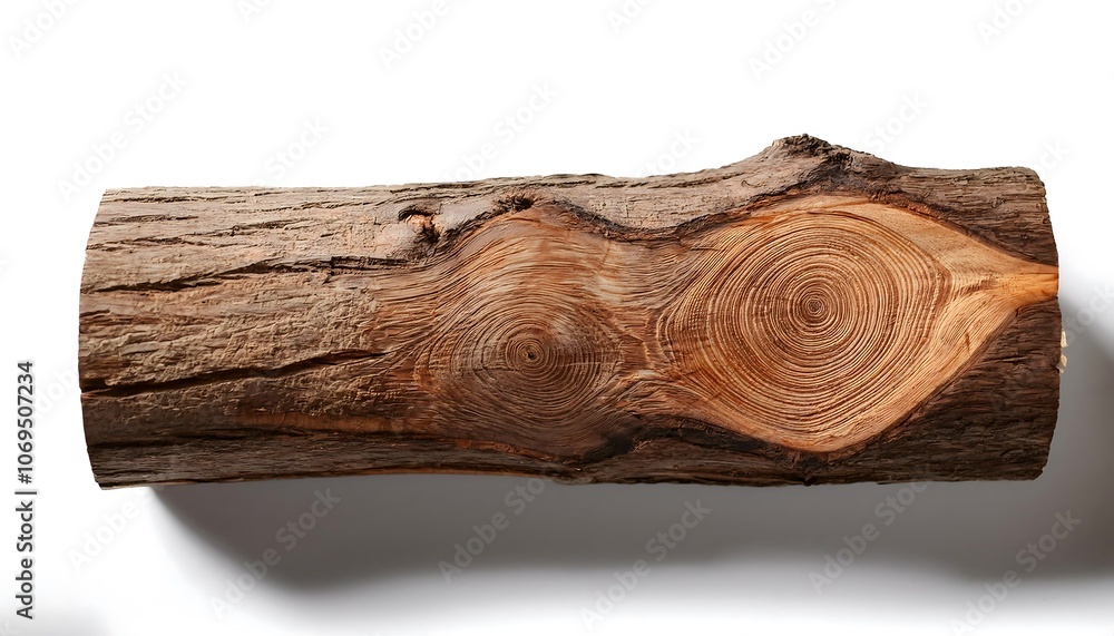 A close-up of a tree trunk log isolated on a white background. The log has a rough bark and visible growth rings. A close-up of a tree trunk log isolated on a white background. The log has a rough bark and visible growth rings.
