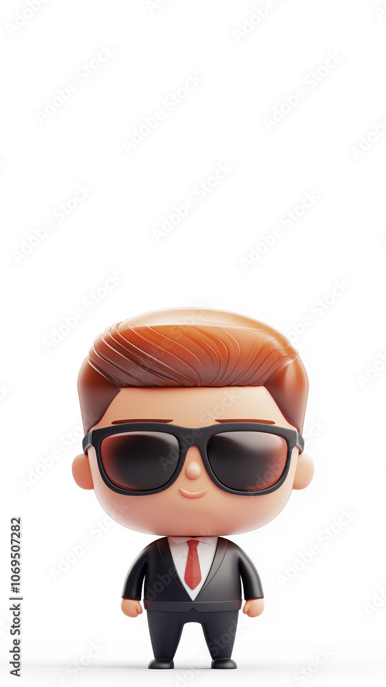 Secret Agent, 3D icon illustration, serious, black suit, red tie, dark sunglasses, red hair, isolated on white background, design concept, marketing material and presentations. Copy space, 9:16 Secret Agent, 3D icon illustration, serious, black suit, red tie, dark sunglasses, red hair, isolated on white background, design concept, marketing material and presentations. Copy space, 9:16