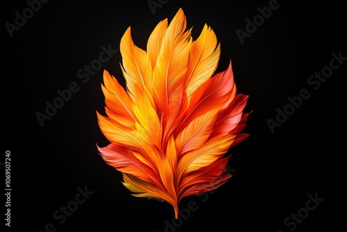 Vibrant orange and yellow feather-like leaves on a black background.