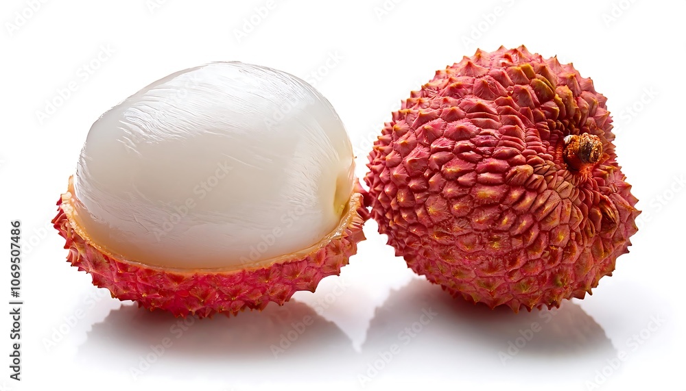 A whole lychee fruit next to a half lychee fruit with a white, juicy flesh, on a white background. A whole lychee fruit next to a half lychee fruit with a white, juicy flesh, on a white background.