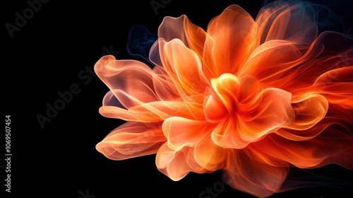 Vibrant orange flower with flowing petals, isolated on black background.