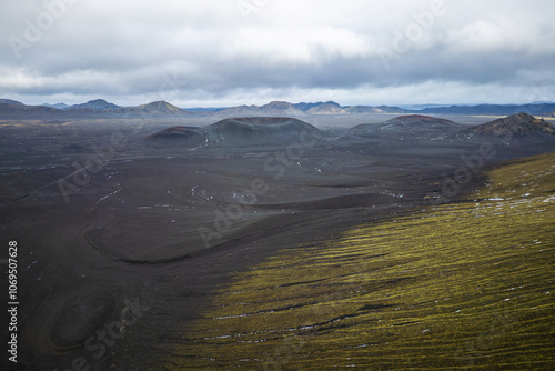 Vast landscape of Iceland’s Highlands with green hills and dark soil photo