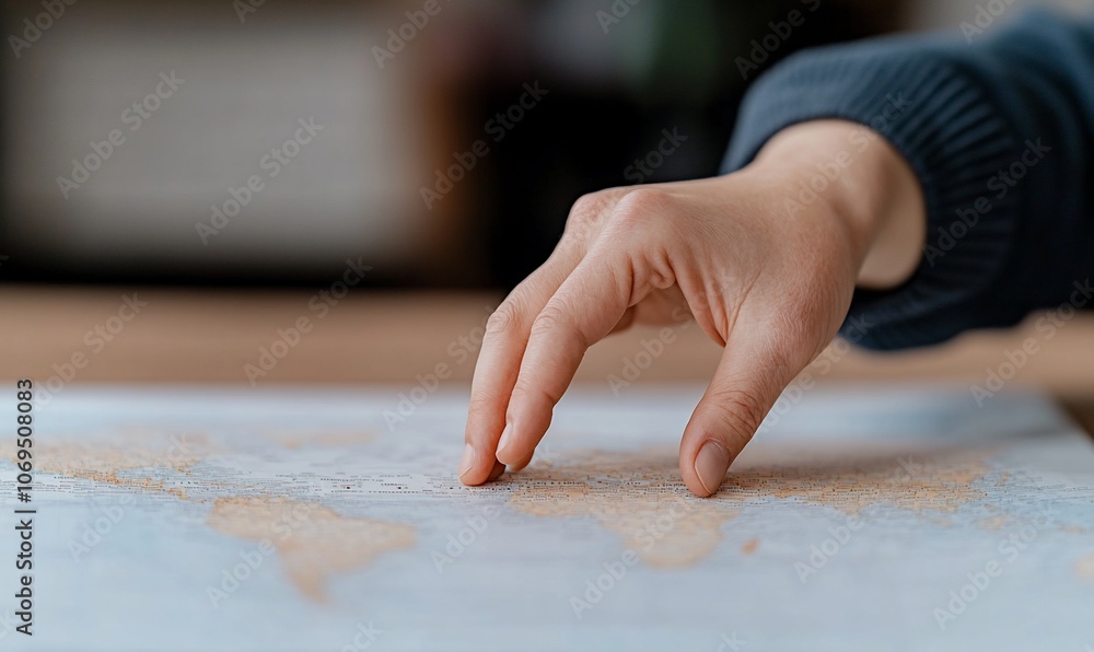 A hand points to a location on a world map. A hand points to a location on a world map.
