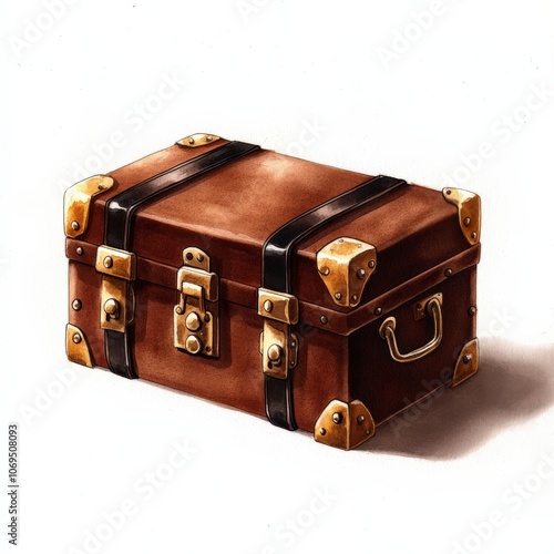 Vintage leather suitcase with brass fittings on a white isolated background.