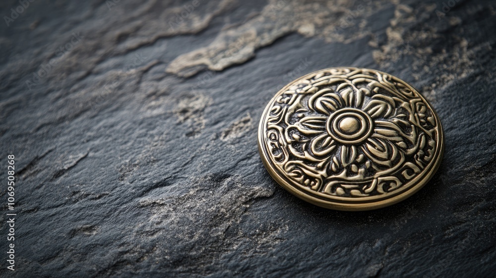 Obraz premium Ornate round brass medallion on dark textured stone background Intricate floral design