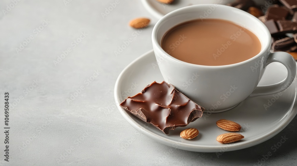 Fototapeta premium Cup of hot chocolate with milk and piece, served almonds on saucer