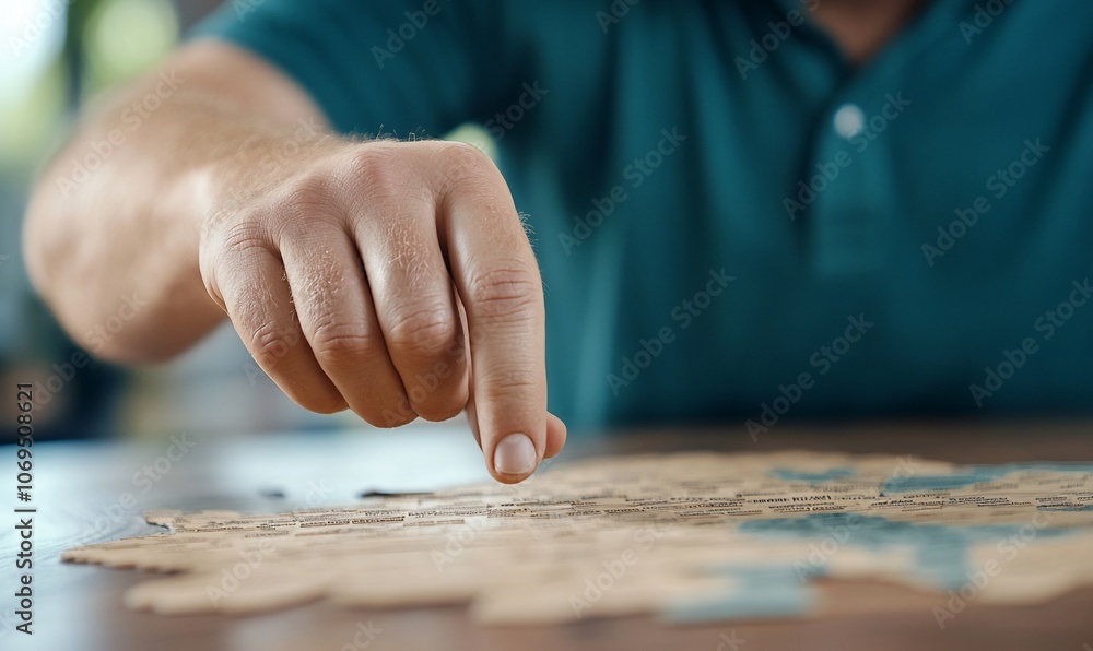 A man's hand points at a piece of a puzzle, focusing on the details of the image. A man's hand points at a piece of a puzzle, focusing on the details of the image.