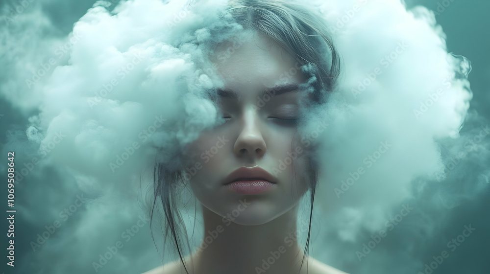 Woman with Clouds Over Her Head Illustration Woman with Clouds Over Her Head Illustration
