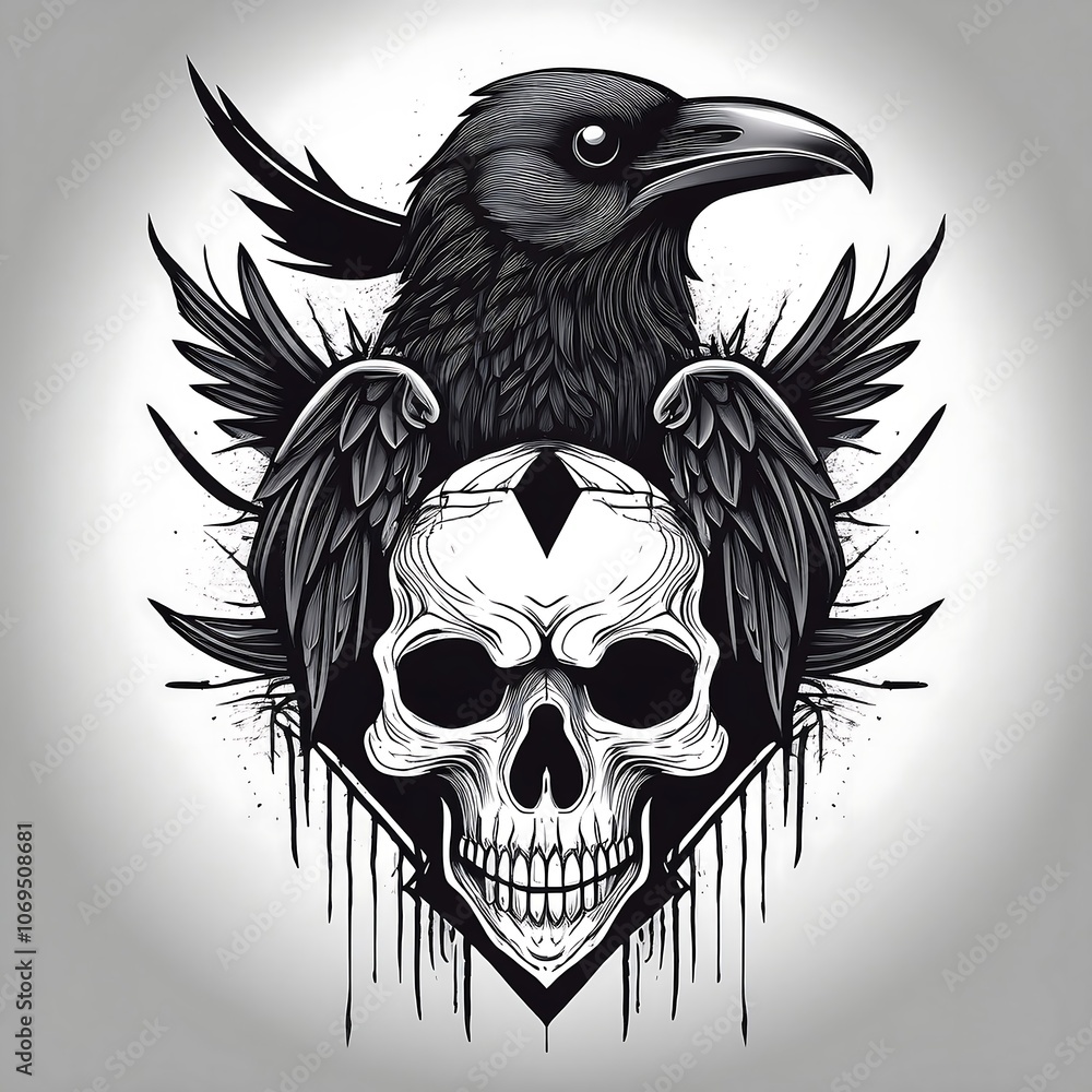 Fototapeta premium A black and white illustration of a raven perched atop a human skull with its wings spread wide.