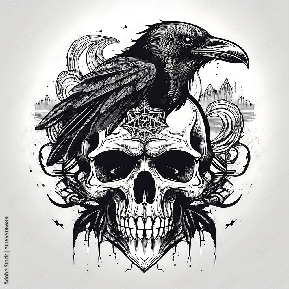 Naklejka premium A black and white illustration of a raven perched atop a human skull with a starburst design.