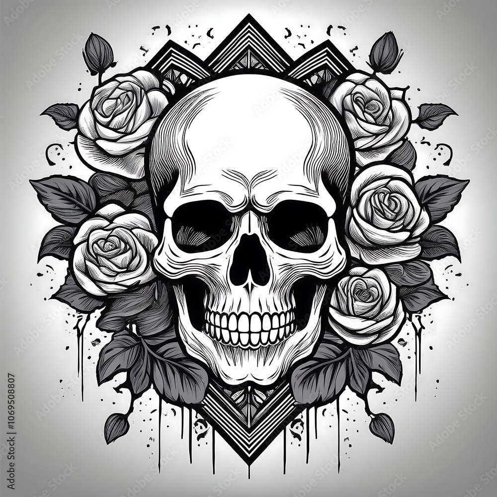 Obraz premium A human skull with a detailed, realistic illustration style, surrounded by roses and intricate geometric designs. The skull is centered and the roses are in bloom with delicate leaves.