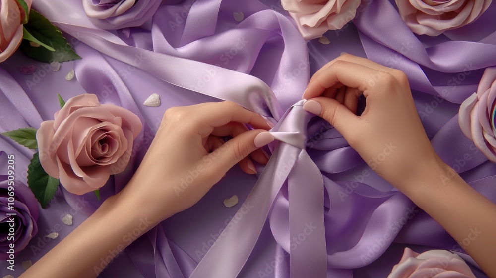 Hands Tying a Lavender Ribbon Hands Tying a Lavender Ribbon