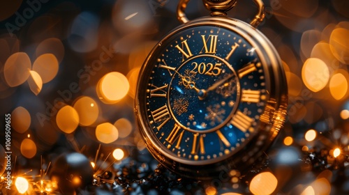 Happy New Year 2024 vintage clock fireworks golden bokeh lights snow Christmas Eve festive night party celebration