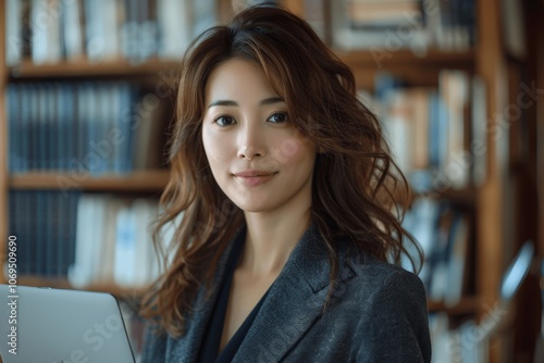 Japanese Businesswoman Holding Laptop in Modern Office Library Setting