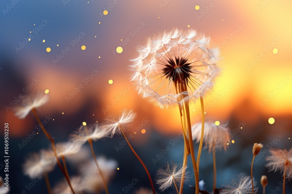 Obraz premium A close-up of a dandelion with seeds in the wind against a vibrant sunset.