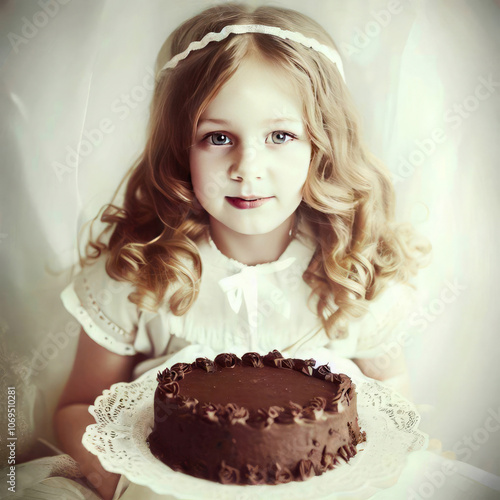Little girl and chocolate cake