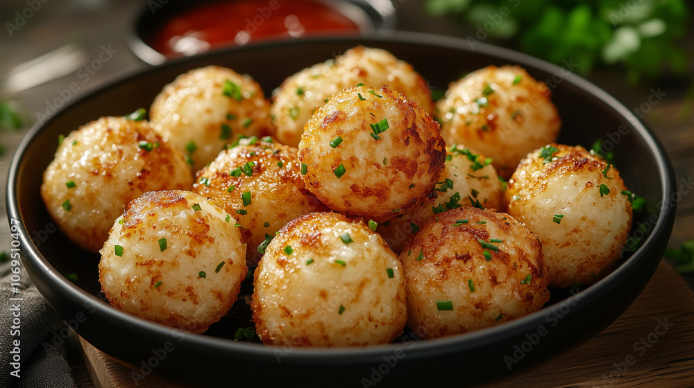 Golden fried falafel balls served in a bowl with dipping sauce Golden fried falafel balls served in a bowl with dipping sauce