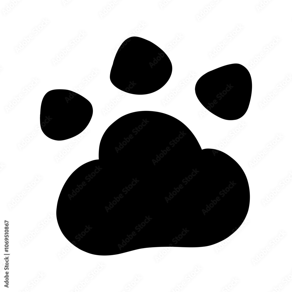 Cat or dog paw silhouette. Cute animal pets footprint. Black simple foot trail print. Cartoon flat doodle hand drawn vector illustration isolated on white background Cat or dog paw silhouette. Cute animal pets footprint. Black simple foot trail print. Cartoon flat doodle hand drawn vector illustration isolated on white background