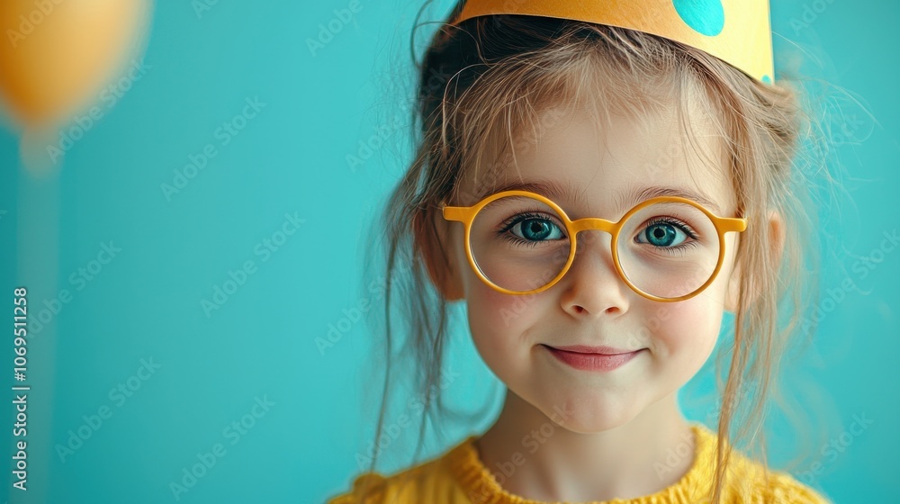 Delightful closeup of a young girl wearing fun glasses and a colorful crown to celebrate her special day Delightful closeup of a young girl wearing fun glasses and a colorful crown to celebrate her special day
