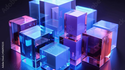 Abstract Glass Blocks with Neon Lights, 3D Render, Geometric Shapes on Black Background