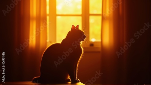 Silhouette of a cat sitting by a window, sunlight streaming through curtains, creating a warm, serene atmosphere. Generative, AI.