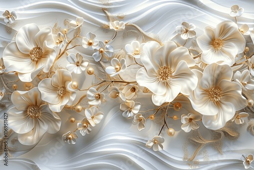 Elegant White and Gold Floral Mural with Pearls on Wavy Background