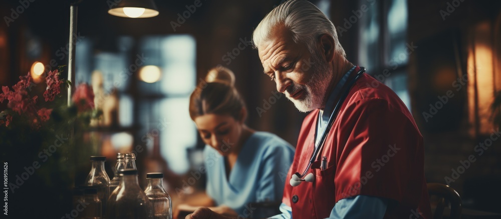 Senior doctor in red scrubs with a stethoscope looking down thoughtfully, a young woman in a blue uniform sits at the table beside him. Senior doctor in red scrubs with a stethoscope looking down thoughtfully, a young woman in a blue uniform sits at the table beside him.