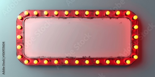 Retro Blank Shining Billboard With Yellow Neon Light Bulbs Red Frame White Background 3D Isolated