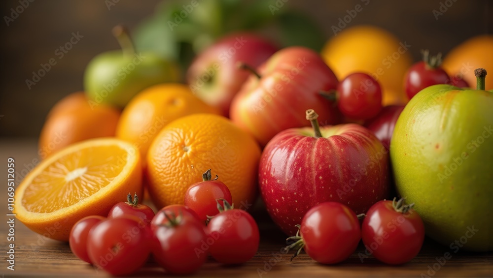 Vibrant fresh fruits, tomatoes forefront, wooden backdrop. Healthy, organic, ripe produce. Generative, AI. Vibrant fresh fruits, tomatoes forefront, wooden backdrop. Healthy, organic, ripe produce. Generative, AI.