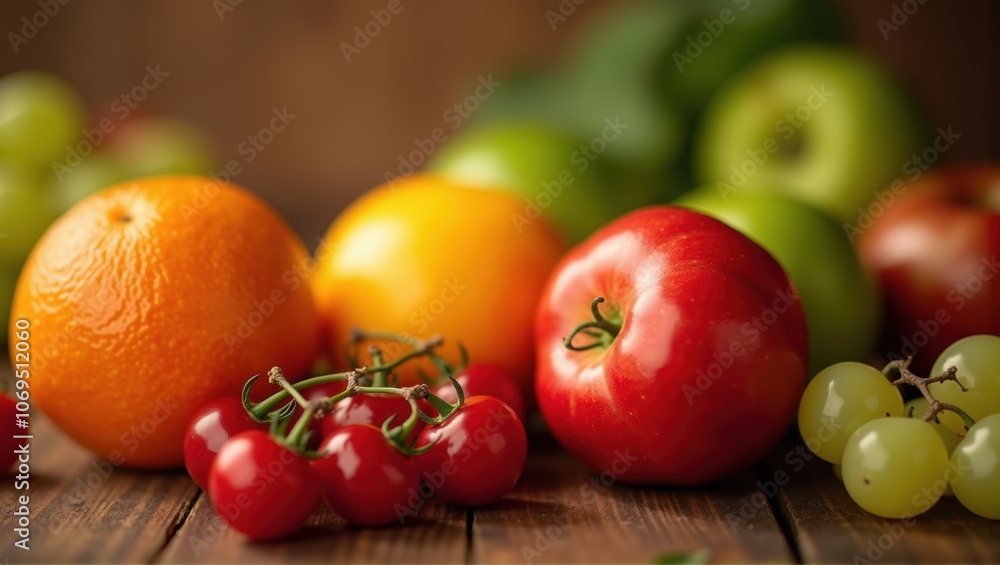 Vibrant fresh fruits, tomatoes forefront, wooden backdrop. Healthy, organic, ripe produce. Generative, AI. Vibrant fresh fruits, tomatoes forefront, wooden backdrop. Healthy, organic, ripe produce. Generative, AI.