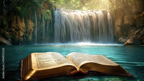 Open book in front of serene waterfall forest setting