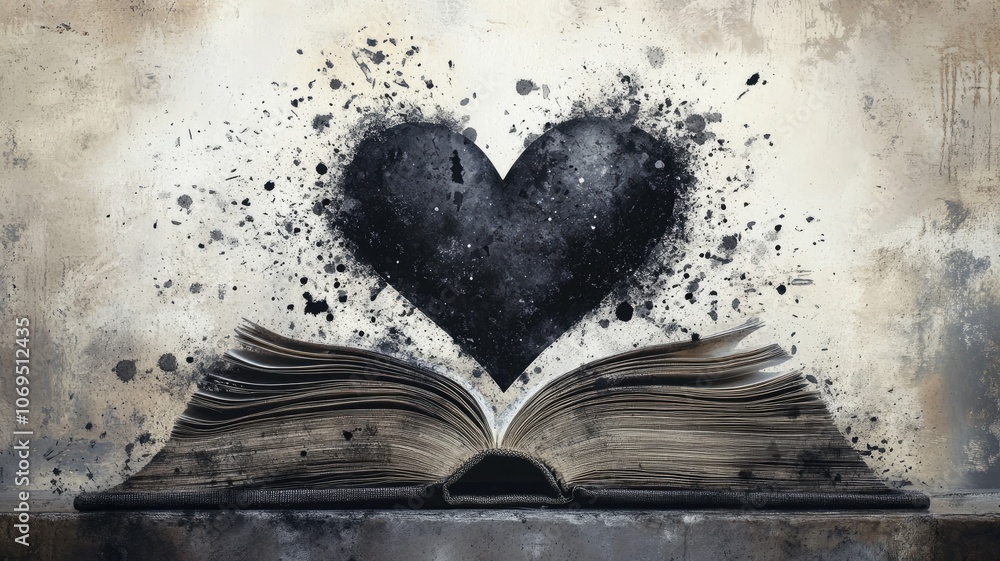 Abstract heart-shaped ink splatter over open book on rustic background Abstract heart-shaped ink splatter over open book on rustic background