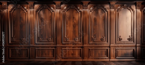 Elegant Dark Wood Paneling Wall: Classic Carved Design, Luxury Interior, Traditional Mahogany Panels, Premium Quality, British Courtroom Style, High-Class Woodwork, Luxury Office Library Hotel