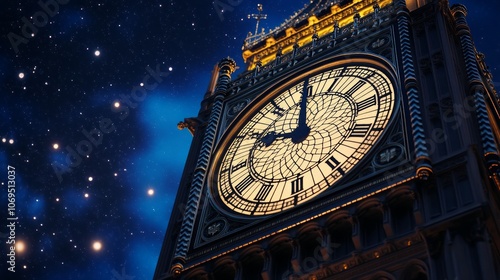 The iconic Big Ben clock tower in London against a backdrop of a starry night sky.