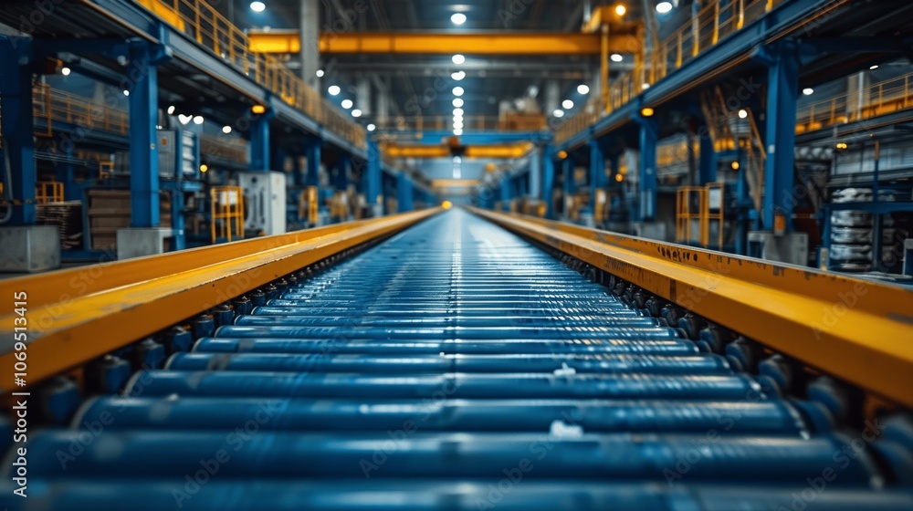 Fototapeta premium Conveyor Belt Sorting Trash in Industrial Hall for Recycling with Blue and Yellow Conveyor Under Natural Light