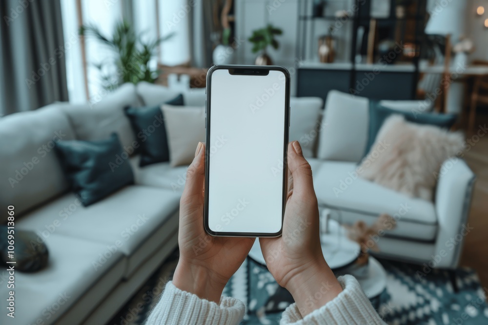Close Up Woman Hand Holding Blank White Screen Mobile Phone at Home with Coffee in Background for App Design and Online Marketing Close Up Woman Hand Holding Blank White Screen Mobile Phone at Home with Coffee in Background for App Design and Online Marketing