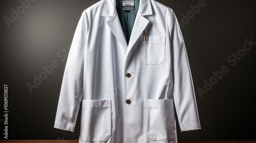 A white lab coat with two pockets on the bottom and one on the left breast, hanging on a hanger against a dark background.