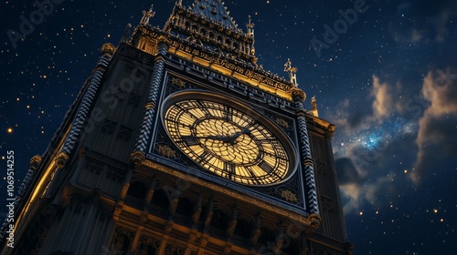 The iconic Big Ben clock tower in London, England, under a starry night sky.