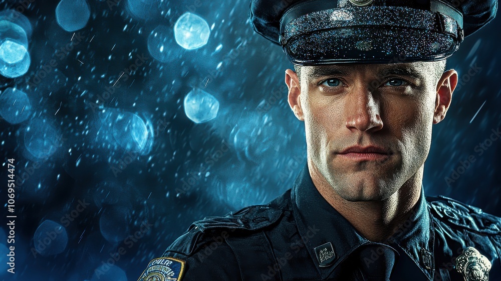 Police officer model dressed in shimmering uniform captures attention with striking style and presence Police officer model dressed in shimmering uniform captures attention with striking style and presence