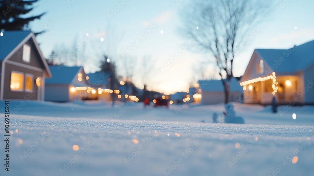 Snowy street with bokeh lights and a snowman in the foreground. Snowy street with bokeh lights and a snowman in the foreground.