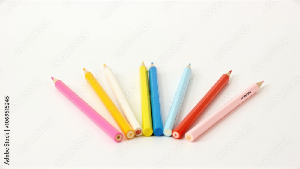 Colorful pencils in a row on white background, creativity concept, minimalistic design. Generative, AI. Colorful pencils in a row on white background, creativity concept, minimalistic design. Generative, AI.