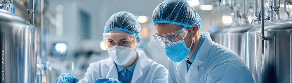 The image shows two scientists in lab coats and protective gear, focusing intently on their work in a modern laboratory environment. The image shows two scientists in lab coats and protective gear, focusing intently on their work in a modern laboratory environment.