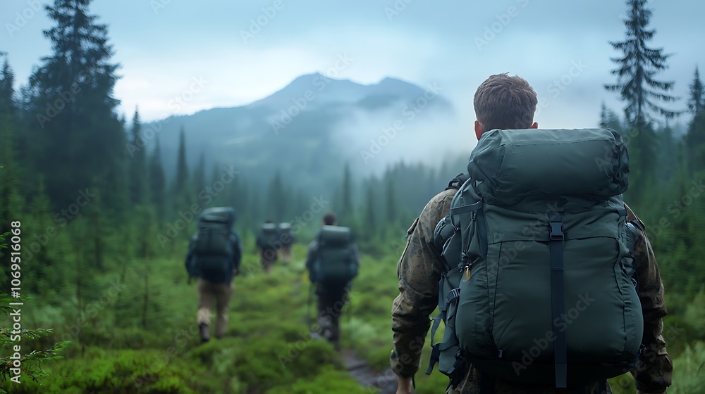 Outdoor enthusiasts hike through majestic mountains with heavy backpacks for adventure and exploration Outdoor enthusiasts hike through majestic mountains with heavy backpacks for adventure and exploration
