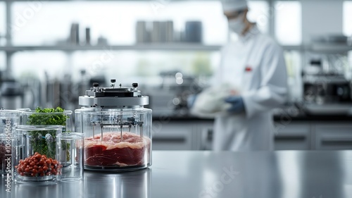 A laboratory scene featuring a masked scientist working with containers of ingredients, emphasizing cleanliness and food preparation.